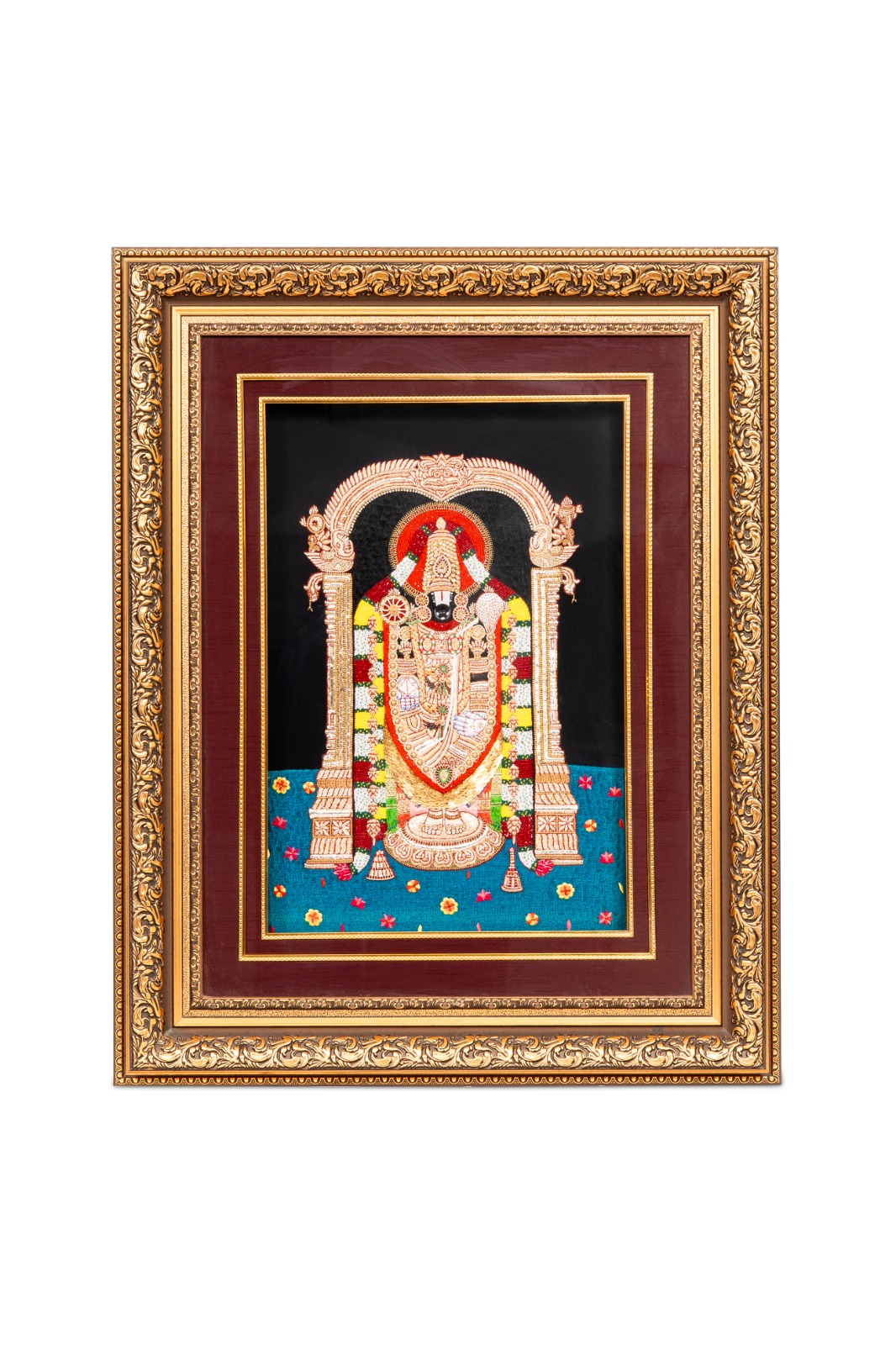 Sri Venkateswara, hand-beaded wall art in a carved gilt frame